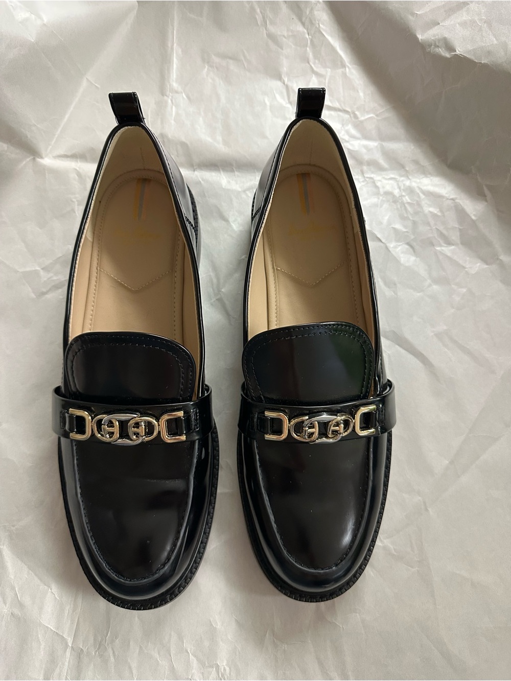 EUC Sam Edelman Black Patent Christy Loafers with Two-Tone Chain Detail Size 10M - Picture 2 of 15
